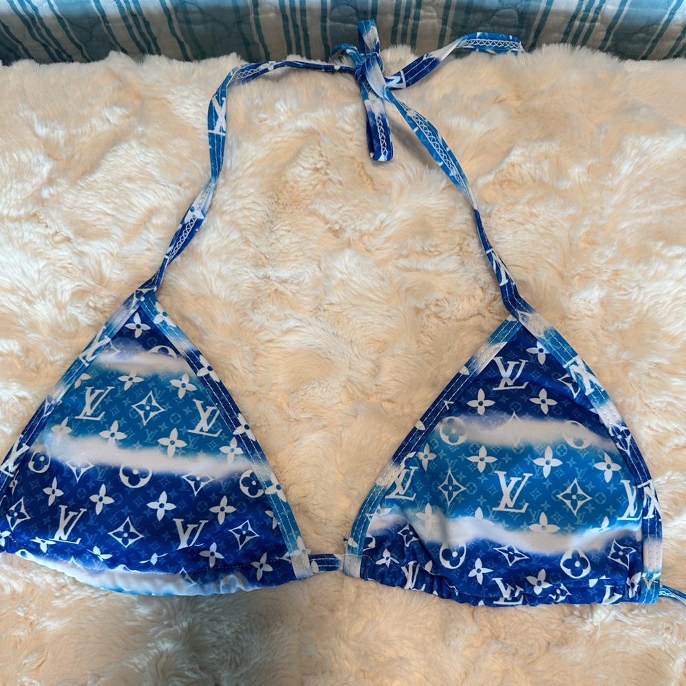Louis Vuitton Couples Outfit, Blue Monogram Bikini Set plus matching trunks
